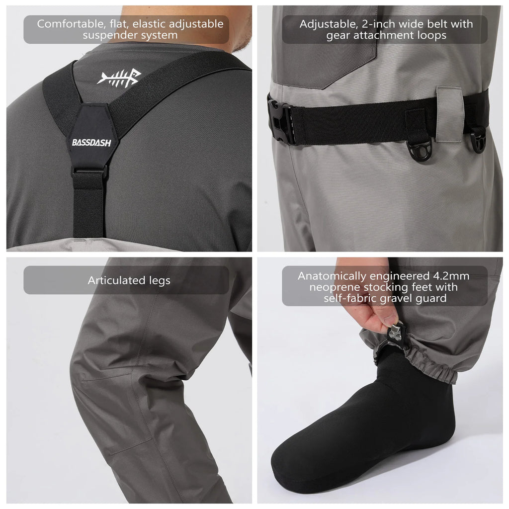BASSDASH Anglerwathose leicht, mit angesetzten Füßlingen, FW08, für Herren, atmungsaktive Wathose, wasserdicht, zum Fliegenfischen, Brusthöhe
