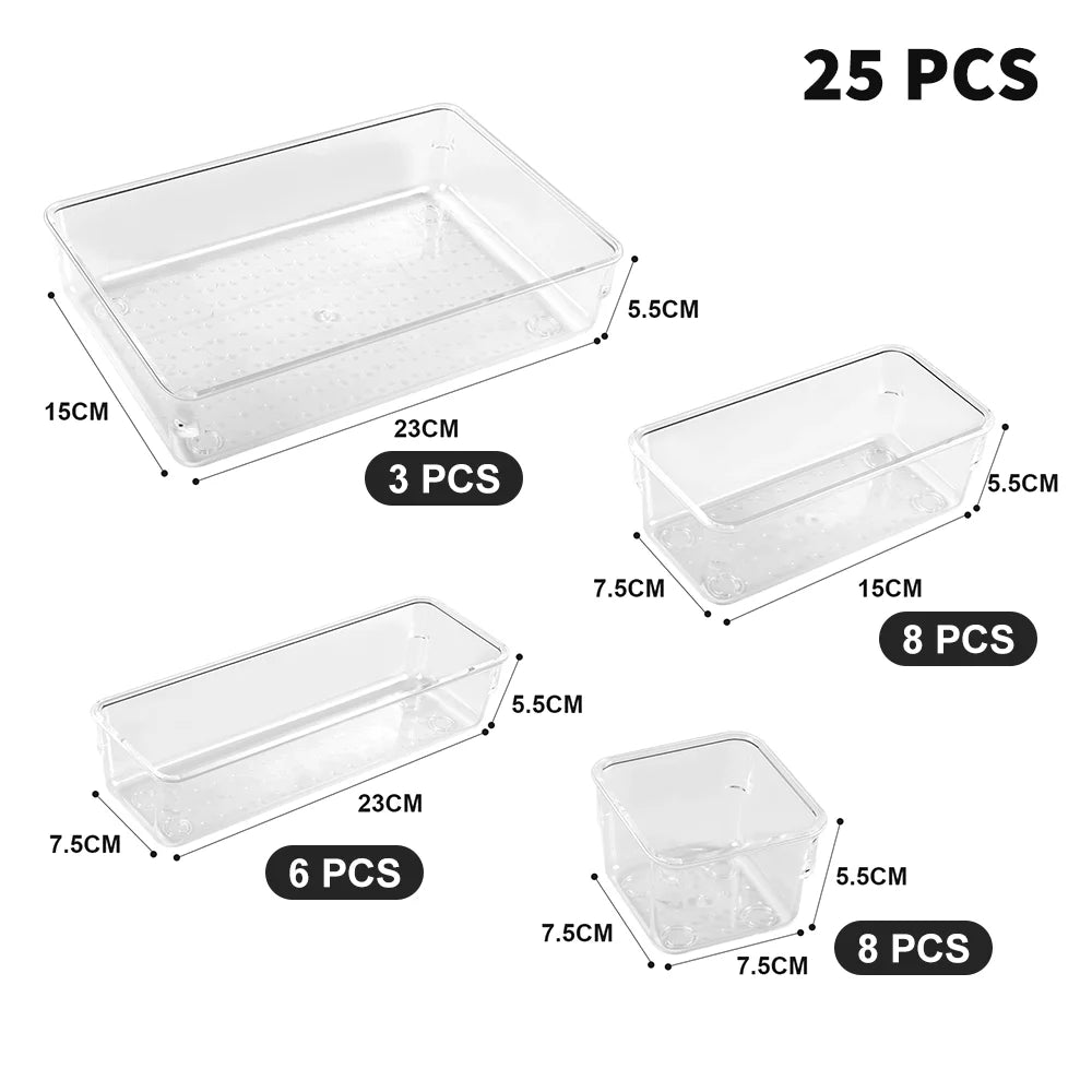 25tlg. Schubladen Organizer Set, durchsichtige Kunststoff-Schreibtischteiler, Behälter, Schlafzimmer-Kommode, Büro-Aufbewahrungsbox für Make-up, Schmuck, Gadgets
