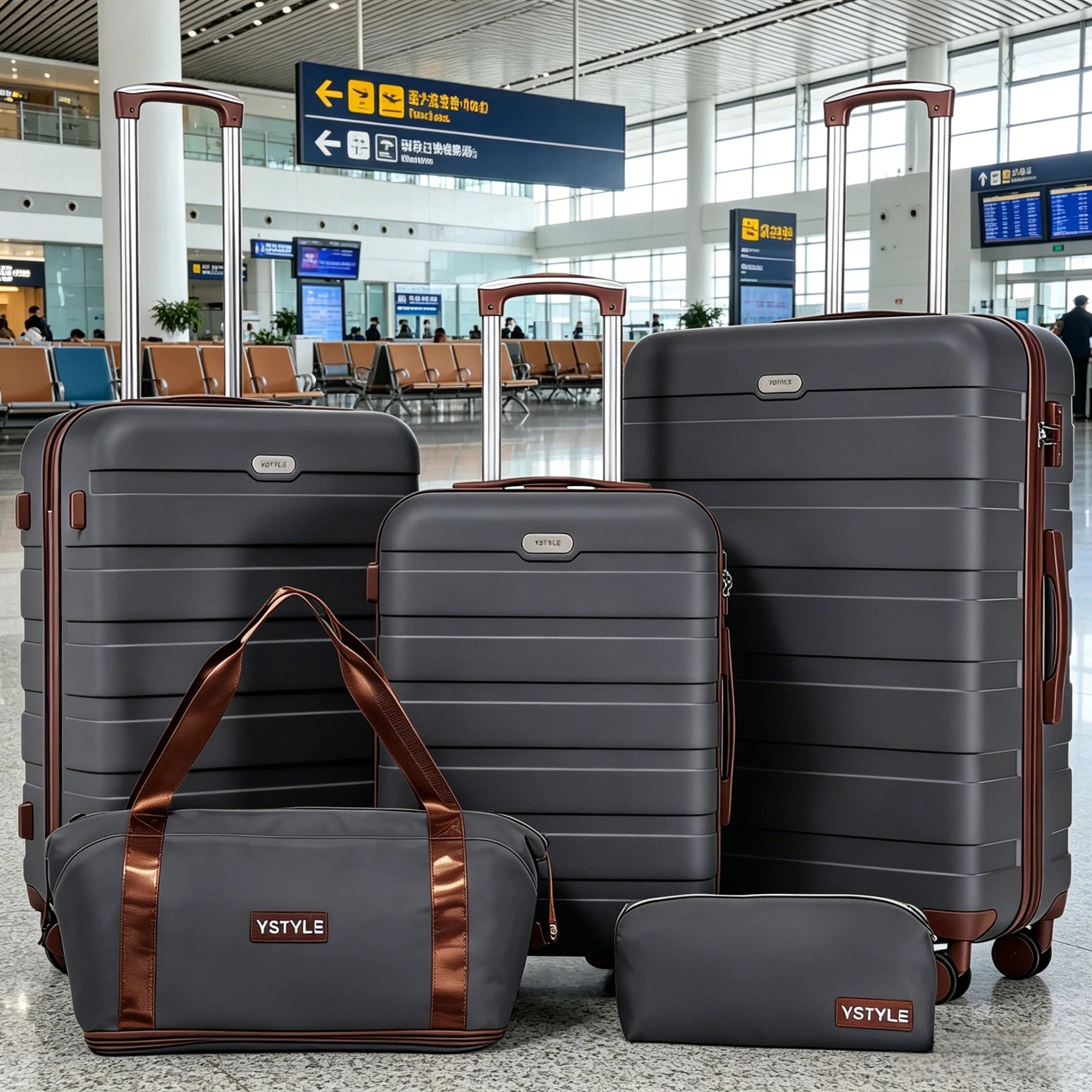 Premium 5-teiliges Hartschalen-Gepäckset, multi-Größen 20/24/28 Zoll Reise-Trolley-Koffer, leichtgängige 360°-Rollen mit TSA-Sicherheitsschloss, komplettes Reise-Set mit Handtasche & Kosmetiktasche