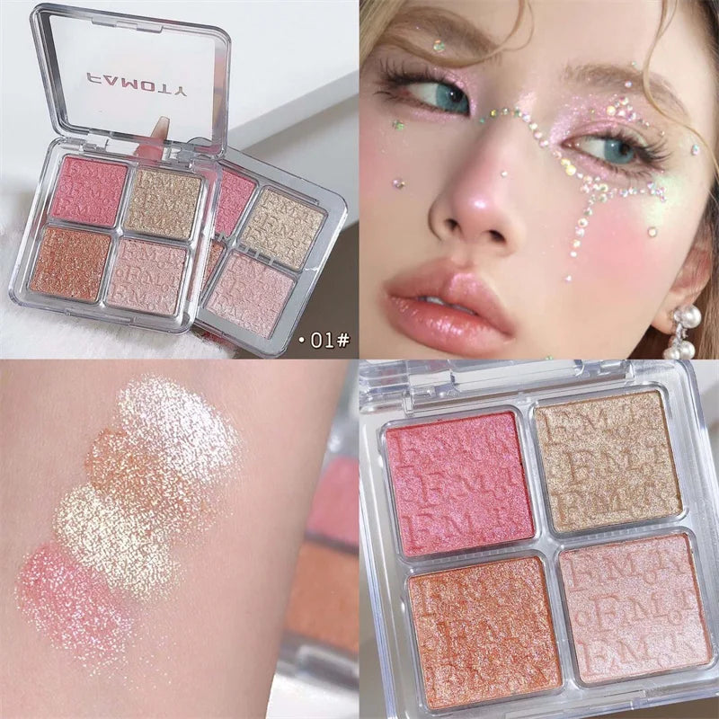 4 Farben Diamant Highlighter Puder Palette Glitzer Gesichtskontur Aufhellen Make-up Schimmer Ultrakonzentrierte Leuchtkraft Kosmetik