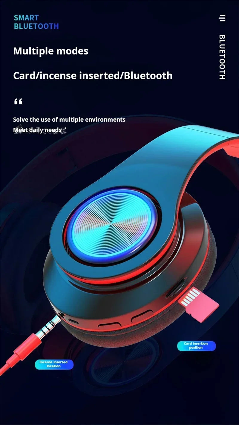 Headsets Gamer Kopfhörer Bluetooth Surround Sound Stereo Kabelloser Kopfhörer USB mit Mikrofon Buntes Licht PC Laptop Headset