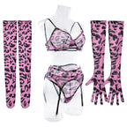 Sexy rosa Leoparden-BH-Handschuhe Beinsocken Dessous-Set Damen Perspektive Bequemes Mesh Exotische Kleidung Unterwäsche Anzug