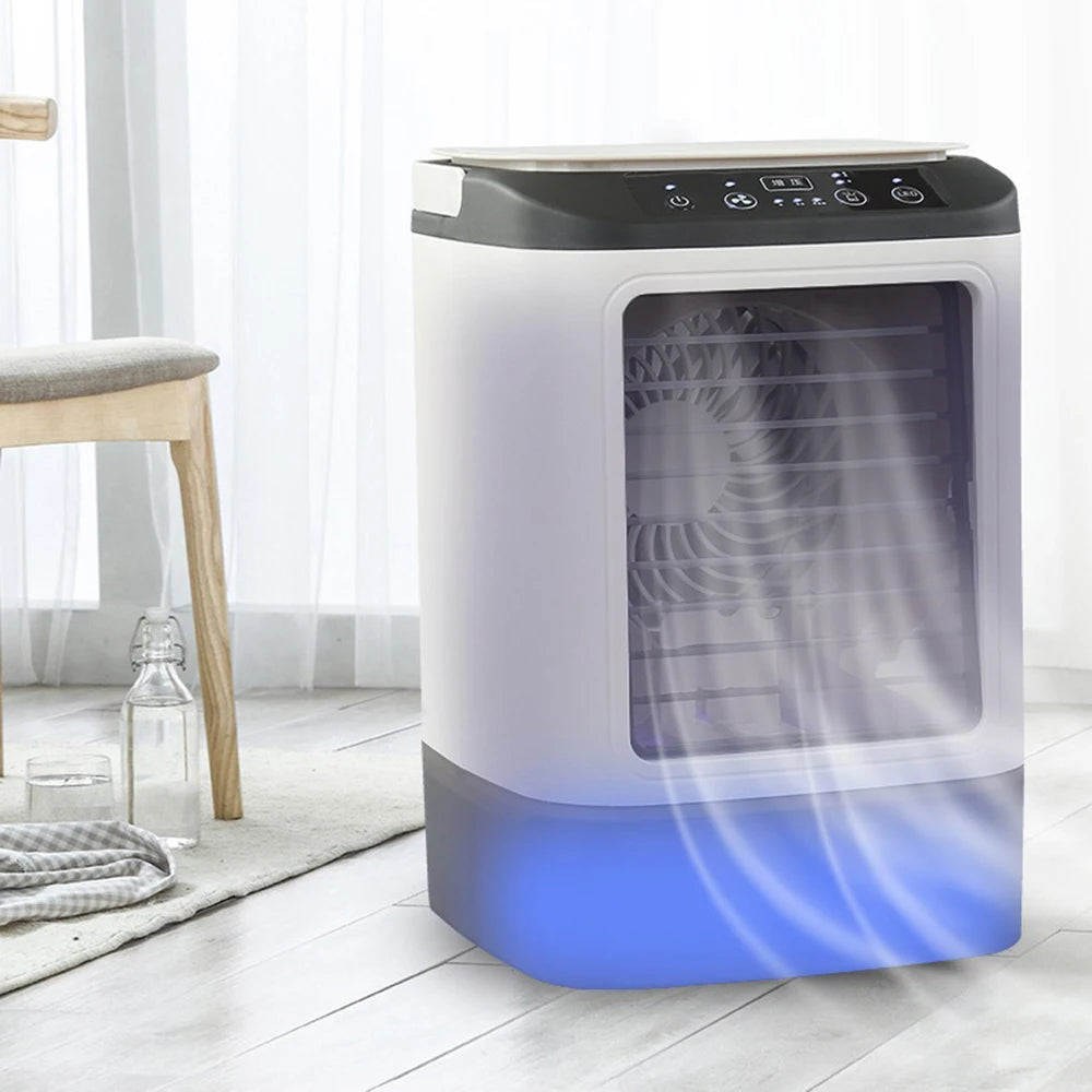 USB Tragbarer Klimaanlagen-Ventilator Dual-Nebelbefeuchter Eisbox 3-Gang Desktop-Kühlventilator mit LED-Nachtlicht