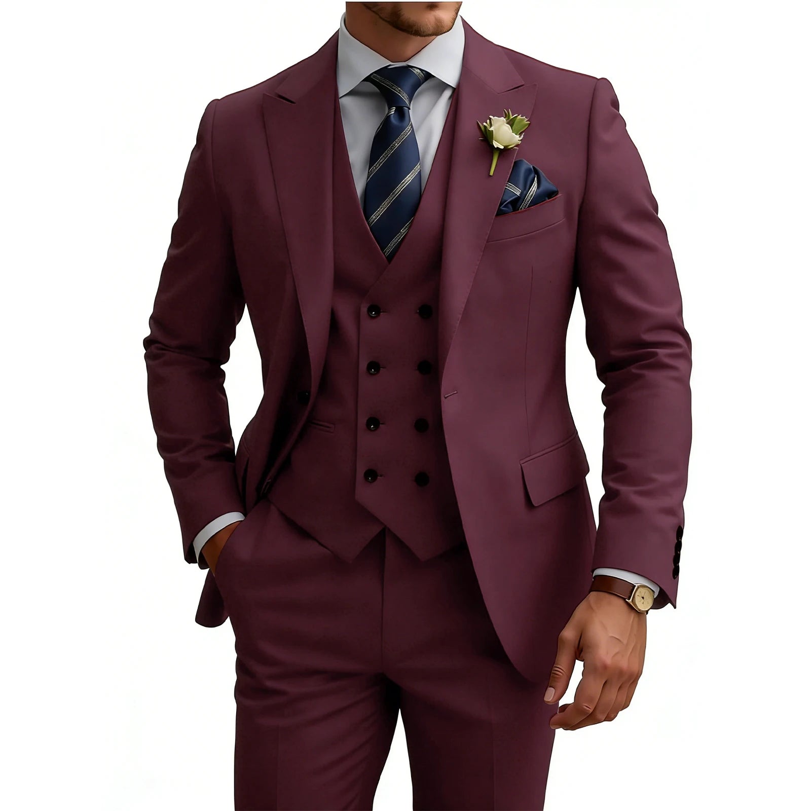 Herren 3-teiliger Slim Fit Anzug für Herren Zweireiher Hochzeits- Abschlussballanzug Formeller Business-Dinner-Smoking