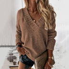 Modischer Freizeit-Damenpullover für Herbst und Winter, einfarbig, V-Ausschnitt, Langarm-Pullover, Strickoberteil für den Export