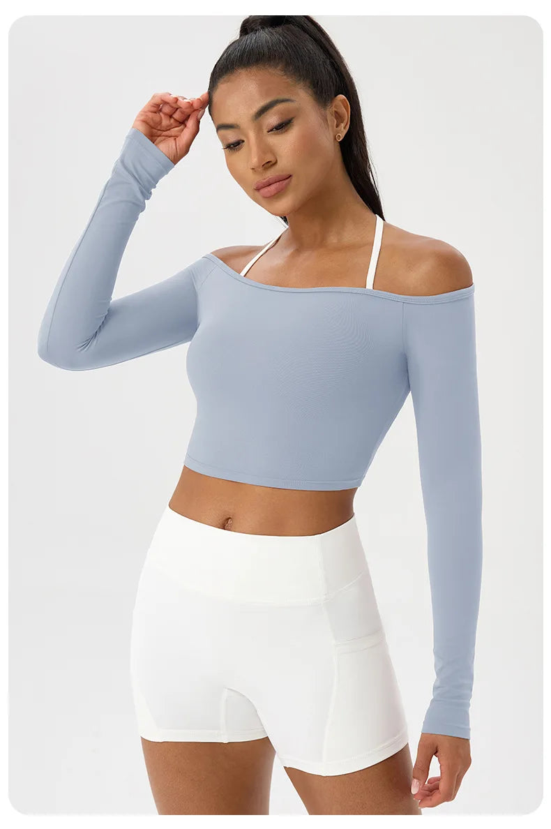Yoga Langarm T-Shirt Damen Ein-Schulter Sexy Eng Anliegende Fitness-Oberteile Nude-Feel Schnelltrocknendes Sport Langarm Yoga Shirts