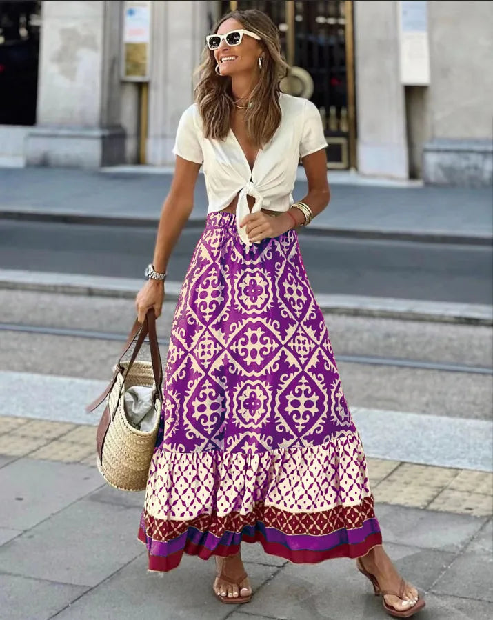 Damenrock mit elastischem Bund und Blumenmuster, großer Tellerrock, Boho-Midi-Rock im Patchwork-Stil, geeignet für Strand und Alltag