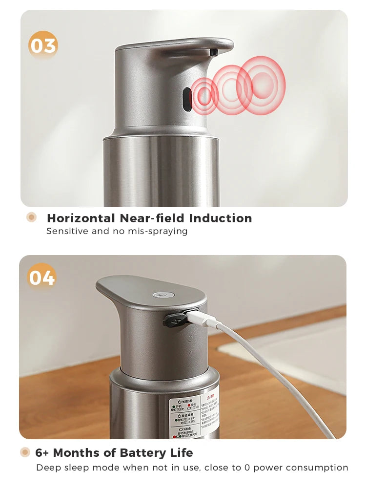 480ml Küchen-Seifenspender Automatischer Sensor Händedesinfektionsmittel Maschine Intelligenter elektrischer Körperwasch-Seifenspender aus 304 Edelstahl