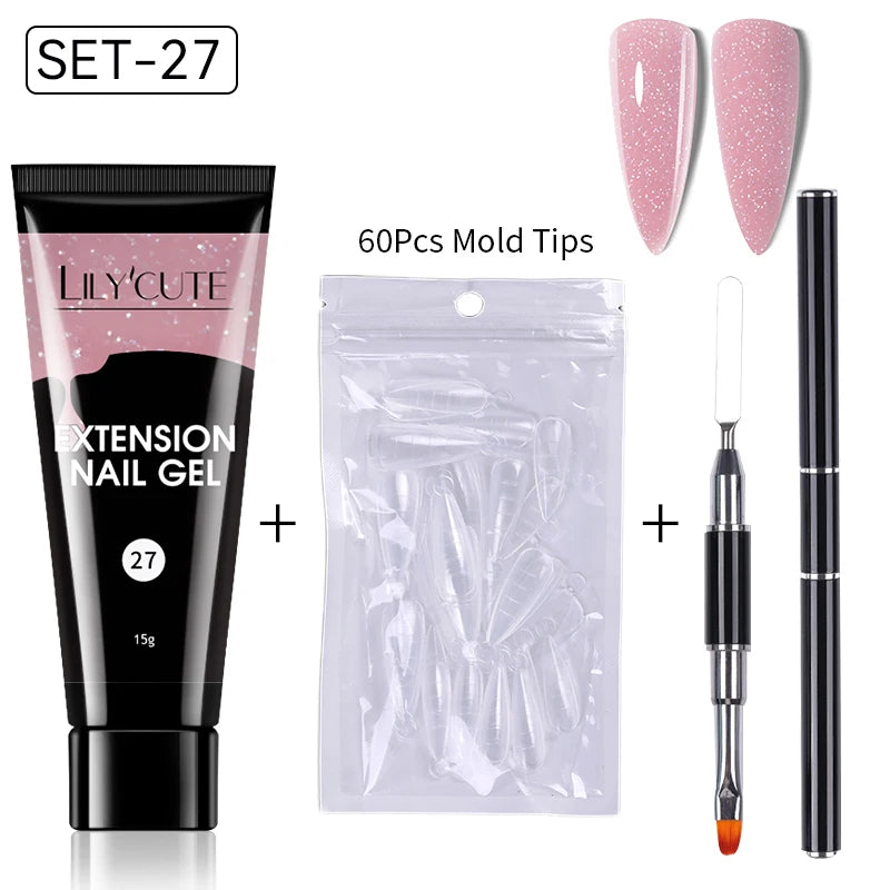 LILYCUTE 15ml Verlängerungsgel-Nagellack-Set Quick Nail Prolong mit Verlängerungsform-Nagelspitzen Acryl-Lösung Maniküre-Werkzeug-Kit