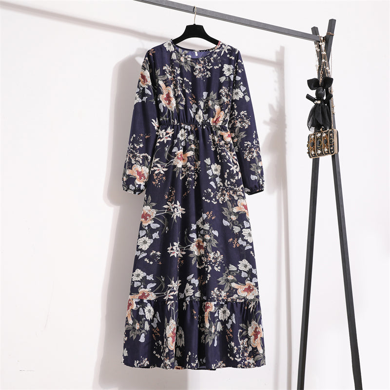 Frühling Sommer Damen Maxikleider Casual Langarm Geblümt O-Ausschnitt Damen Boho Strandparty Langes Kleid Mujer Vestidos