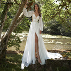 Lakshmigown Chiffon Strandhochzeitskleid 2026 Perlen Spitze Lange Ärmel V-Ausschnitt Applikationen Brautkleid Brautkleider Maßgeschneidert