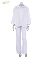 Clacive Lässiger locker sitzender Hausanzug Herbst Langarmbluse mit High-Waist-Hose Set Damen Elegantes plissiertes beiges 2-teiliges Hosenset
