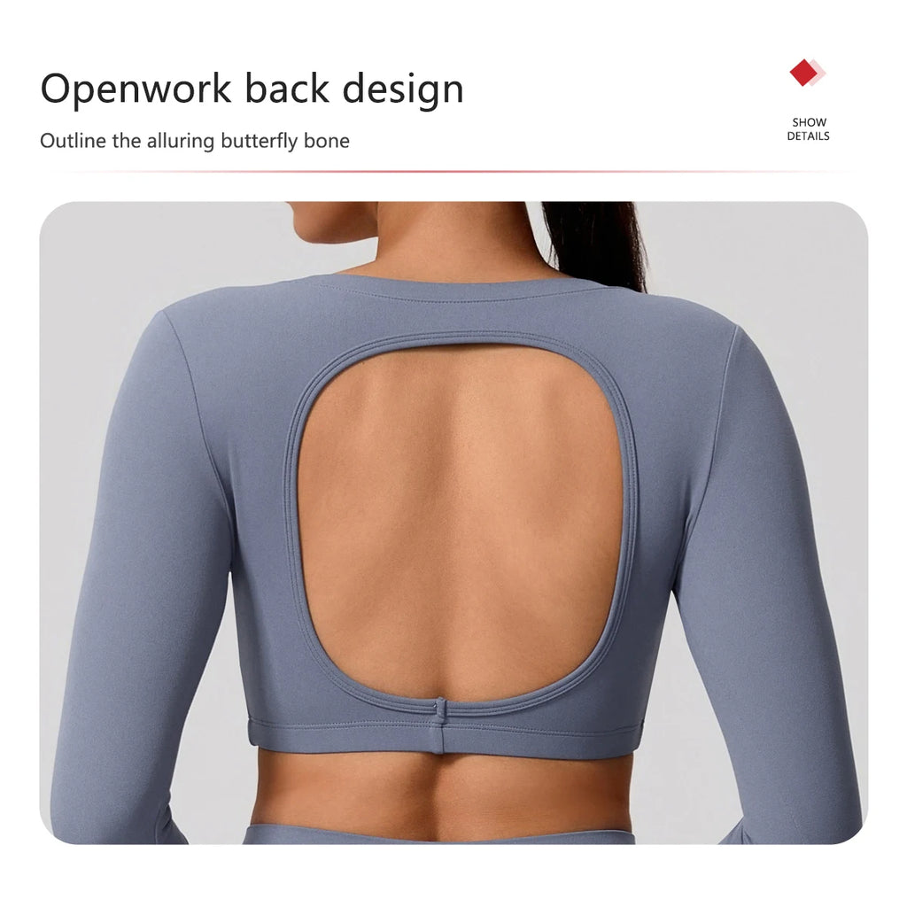 Neue Sommer Damen Rückenloses Langarm Yoga-Top Atmungsaktive weiche Sportbekleidung für Fitness-Training Bequeme Fitnesskleidung für Frauen