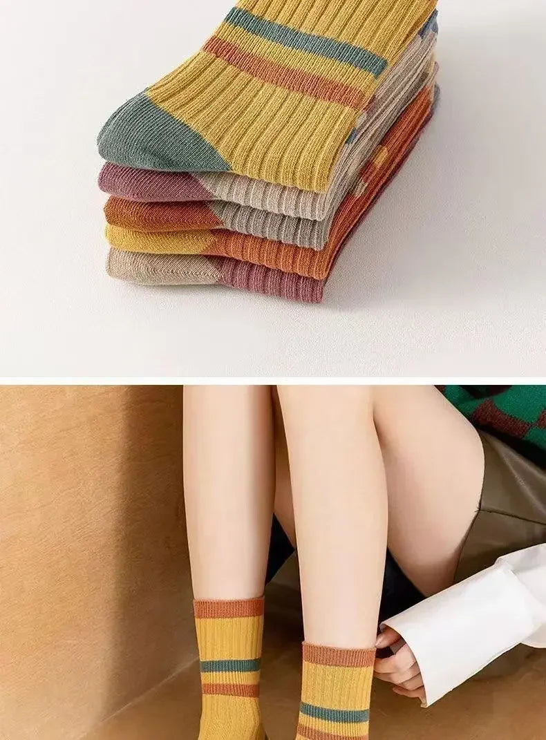 5 Paar gestreifte Socken für Damen, bequem, weich, mittellang, Winter, Harajuku, lustige Freizeitsocken, Damenstrümpfe, Strumpfwaren