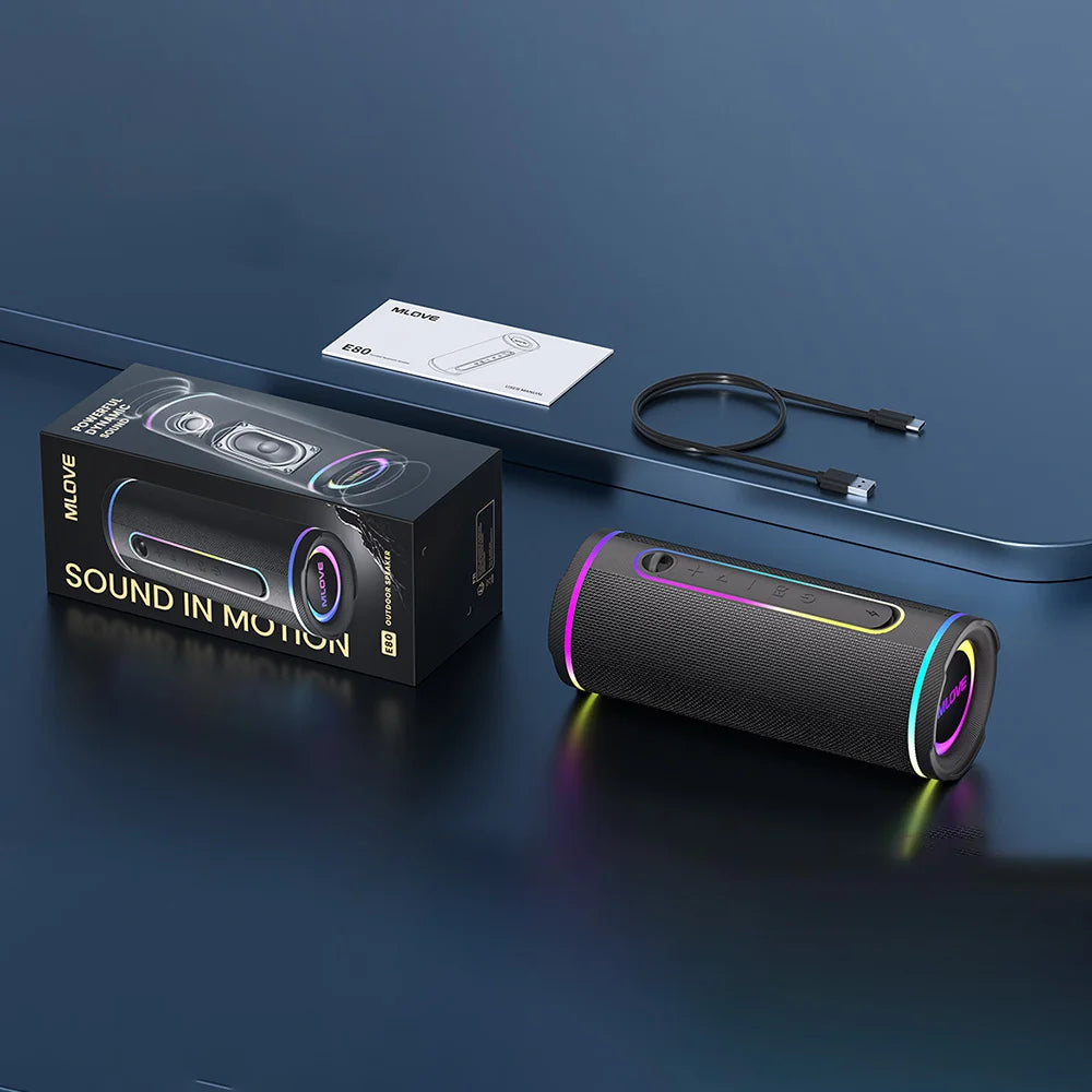 MLOVE E80 Tragbarer Bluetooth-Lautsprecher – Leistungsstarker Dual-Sound, farbenfrohe RGB-Beleuchtung, vollständig wasserdicht (IPX7), TWS-fähig