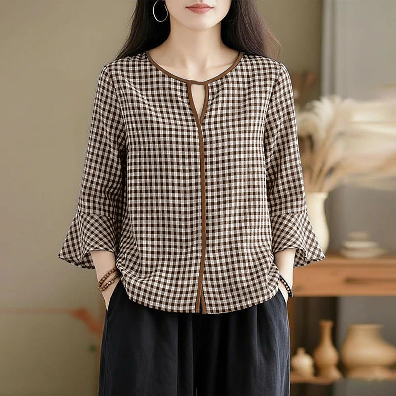 ZANZEA Damen Sommer Plaid Patchwork Bluse 3/4 Glockenärmel Cut Out Tops Lässiges lockeres Hemd Retro Chemise Damen Arbeitsblusen