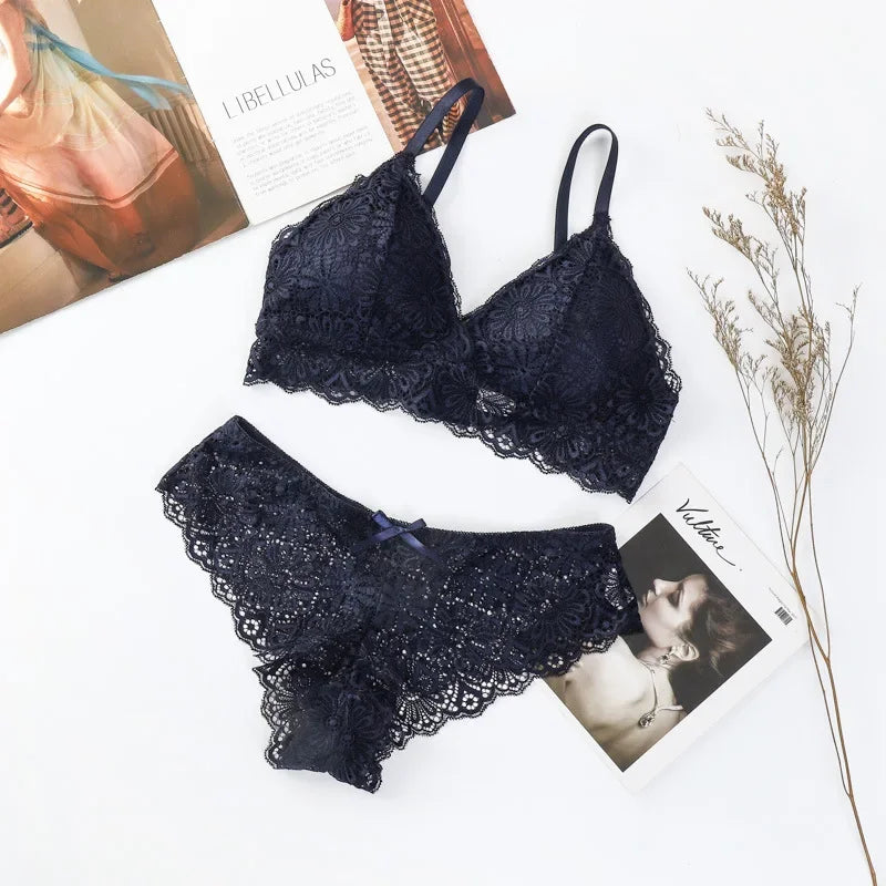 Damen Push-up BH Set Sexy Dessous Geblümte Spitze Kabelloser Bralette Niedriger Bund Höschen Sexy Slips Damen Unterwäsche Intimates