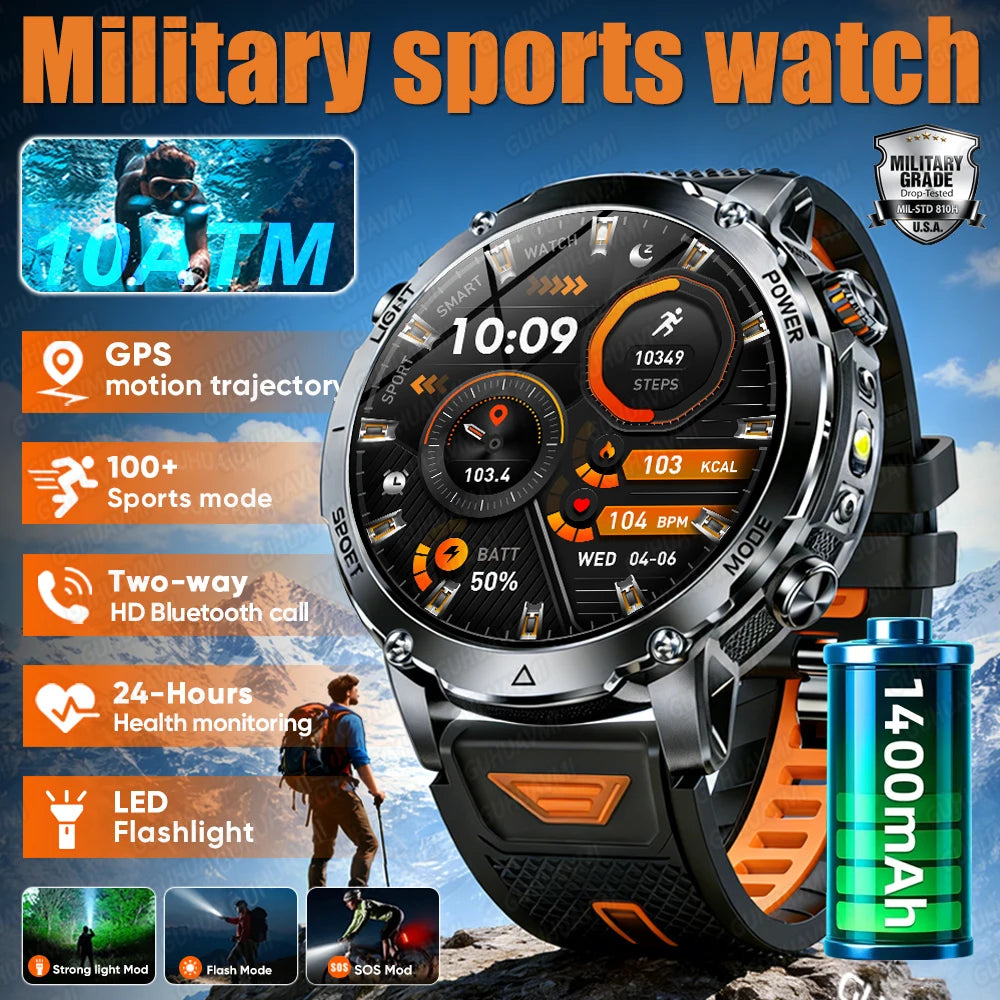 2026 Neue TANK Ultra 1400mAh Akku Militär Smartwatch 10ATM Wasserdicht Herzfrequenz Taktische LED Taschenlampe Herren Sportarmband
