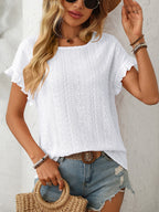 Solid Casual Loose Blouses For Women Fashion 2025 Summer Women's Hollow Short Sleeve Shirts And Blouses Elegant Female Blue Tops