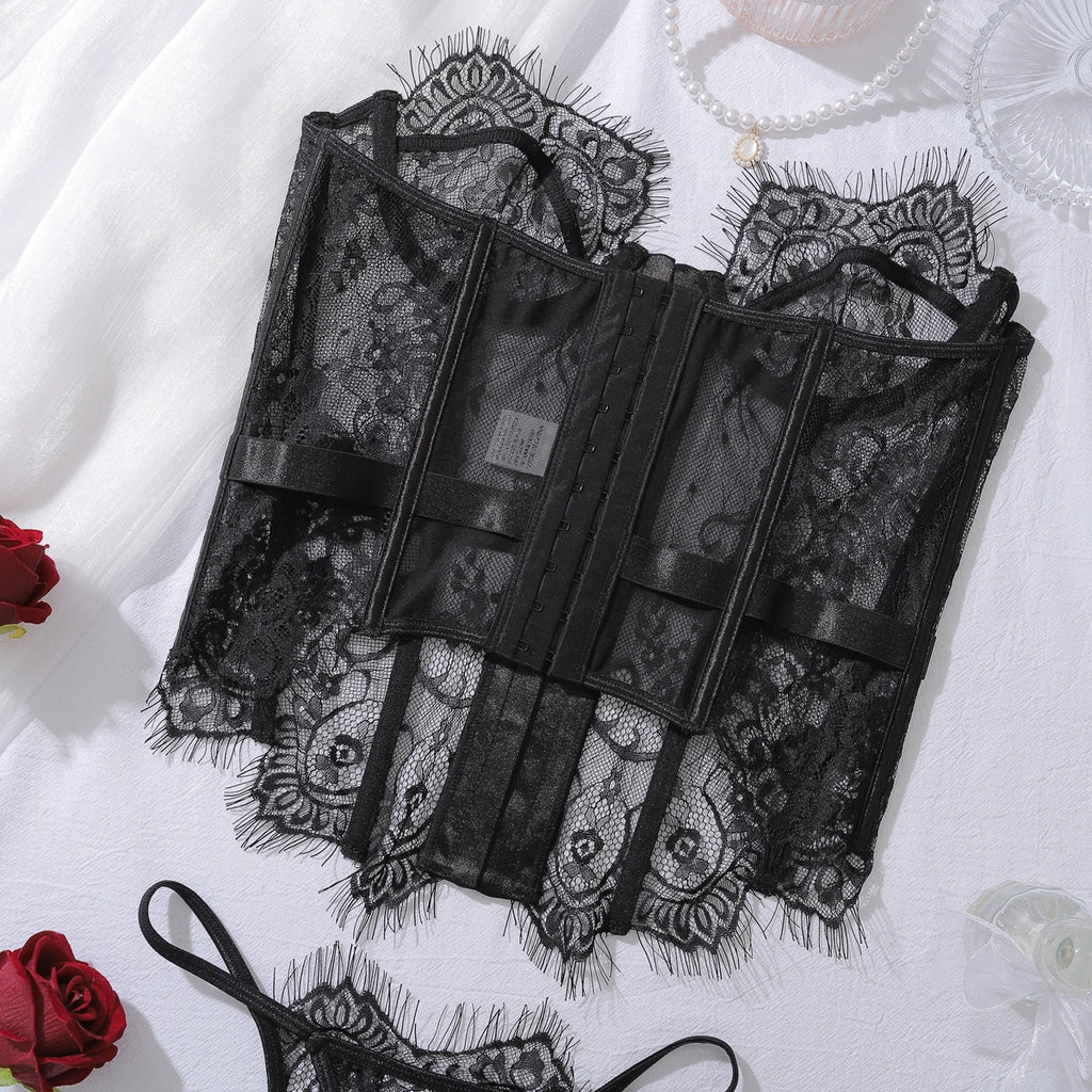 Ellolace Palace Damen Dessous Sets Weidenkorsett String 2-teiliges Set Sexy Heiß Trägerlos Spitze Ausgefallener tiefer V-Ausschnitt Damen Unterwäsche