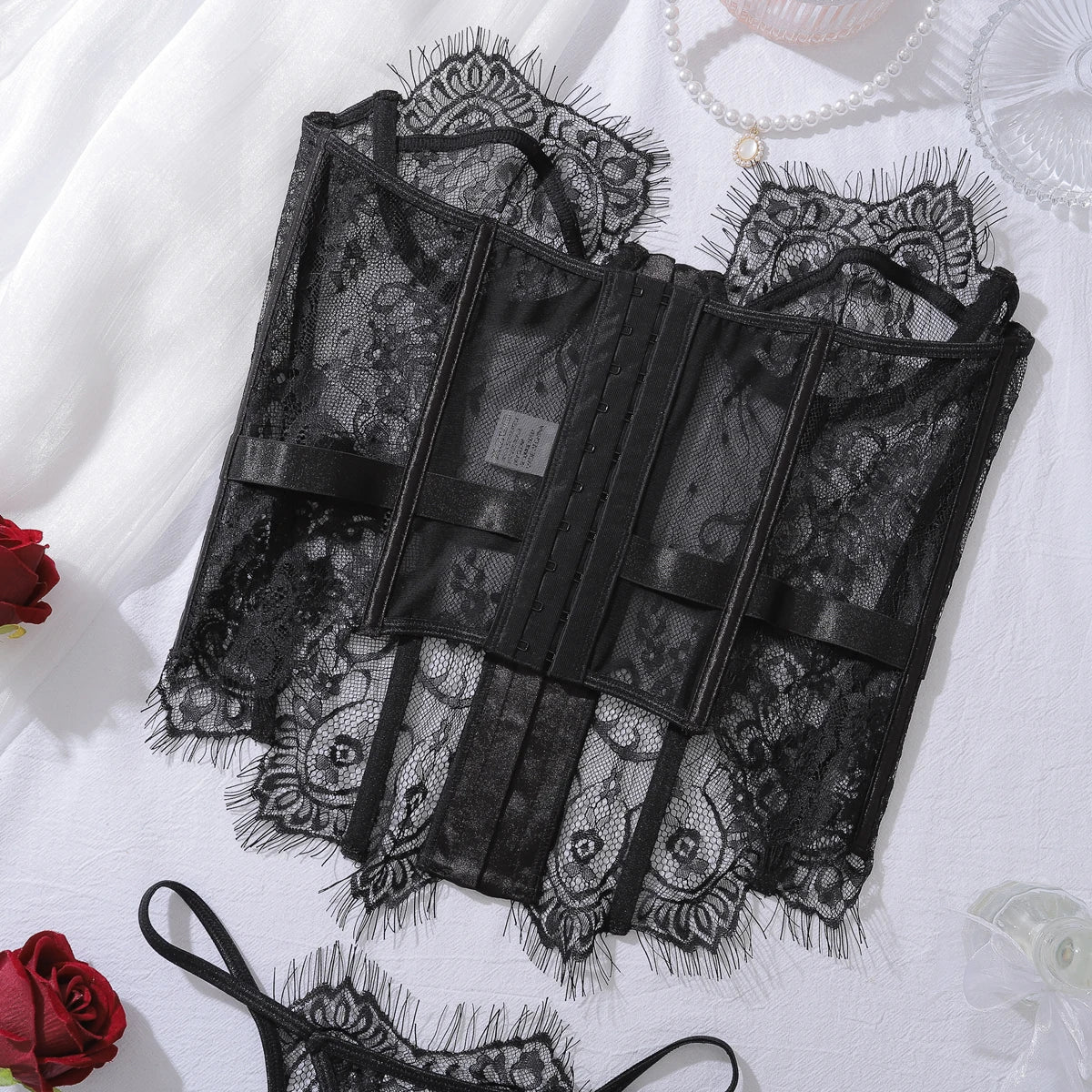 Ellolace Palace Damen Dessous Sets Weidenkorsett String 2-teiliges Set Sexy Heiß Trägerlos Spitze Ausgefallener tiefer V-Ausschnitt Damen Unterwäsche