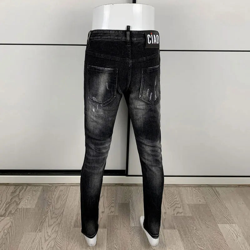 Street Fashion Herren Eng Schwarz Grau Jeans Retro Elastische Schlankmachende Split-Style Jeans Herren Retro Designer Brand Jeans Hombre