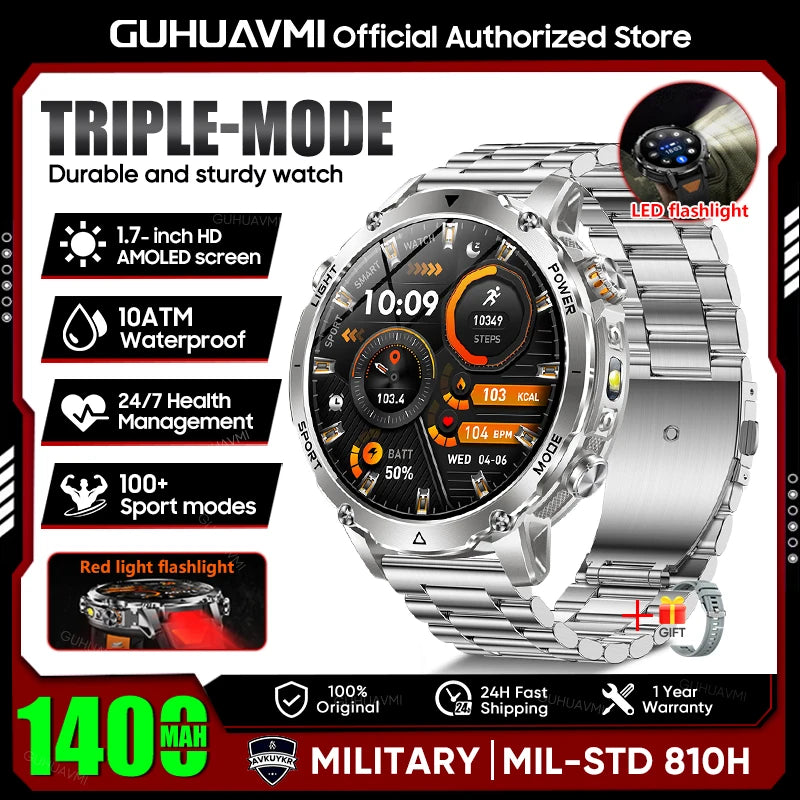 2026 Neue TANK Ultra 1400mAh Akku Militär Smartwatch 10ATM Wasserdicht Herzfrequenz Taktische LED Taschenlampe Herren Sportarmband