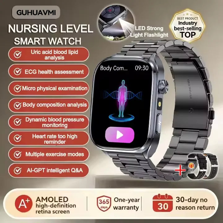 Neue Gesundheitsuhr Harnsäure Blutdruck Blutsauerstoff Körperanalyse Körperfett Smartwatch EKG+PPG Bluetooth Anruf Uhr Frauen Männer