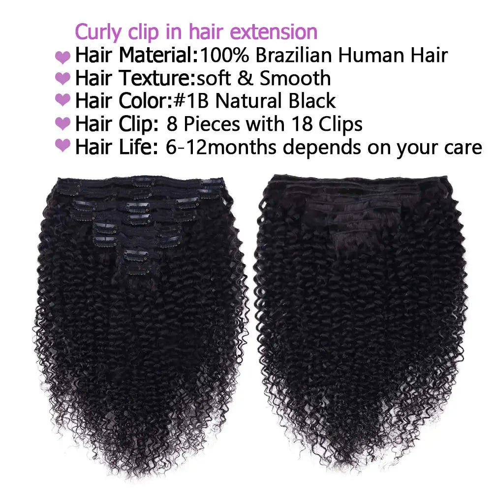 Lockige Clip In Echthaar Extensions Kinky Curly Clip Ins Ganzer Kopf für Schwarze Frauen Brasilianisches Remy Echthaar Naturfarbe 8 Stück