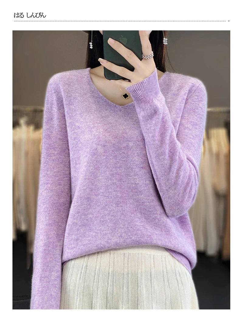 Damen 100% Merinowolle Pullover V-Ausschnitt Basic Pulli Herbst Winter Kaschmir Kleidung Langarm Weiche Strickware Oberteile Unifarben