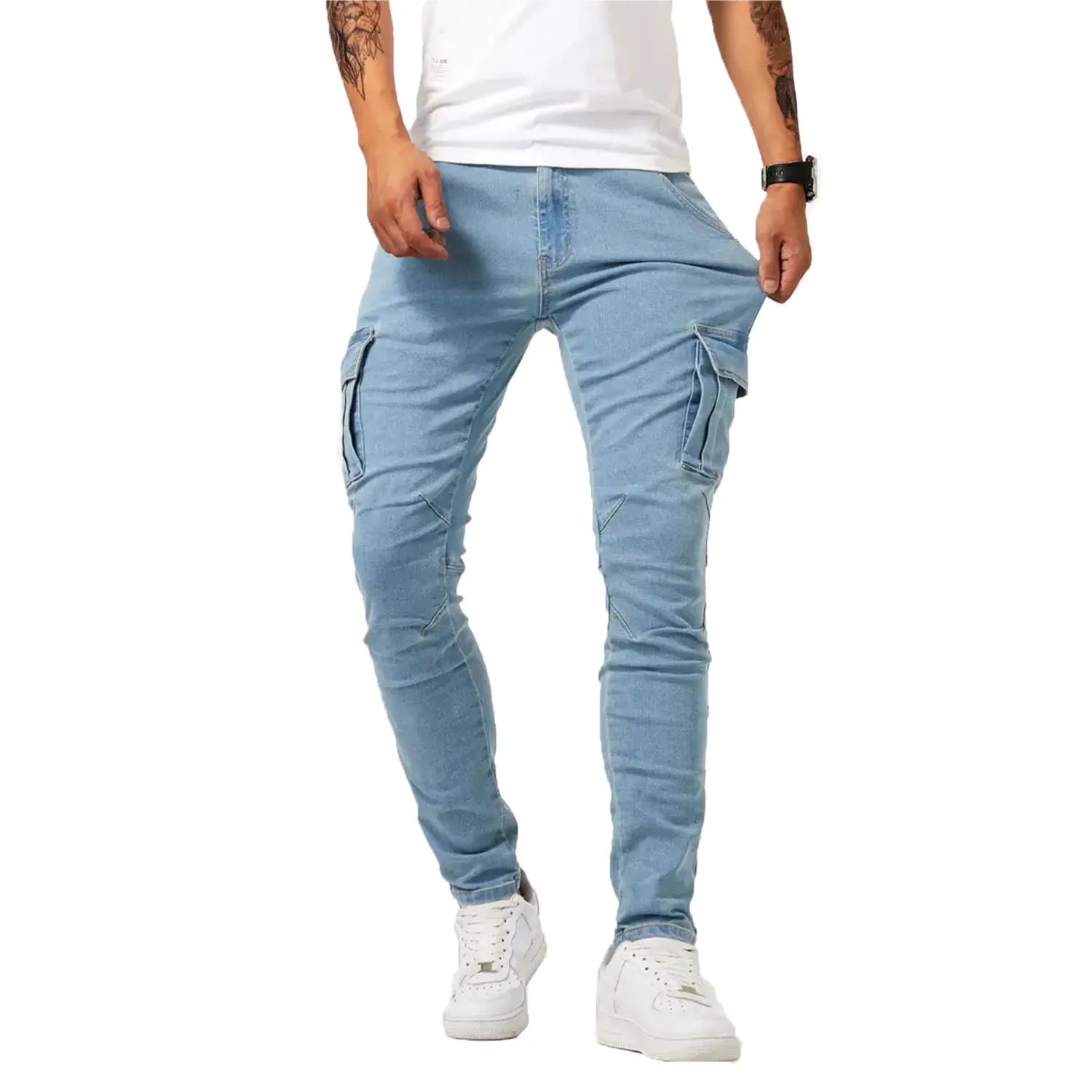 Men's street stretch denim jeans, washed solid color multi pocket work pants, casual slim fit, daily wear, jogging pants, mid wa