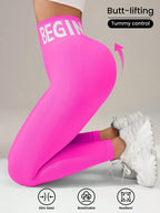 Europäische und amerikanische nahtlose Yoga-Leggings mit Bund-Schriftzug, Po-Lifting, schnelltrocknende, atmungsaktive Damen-Tights für den Sport