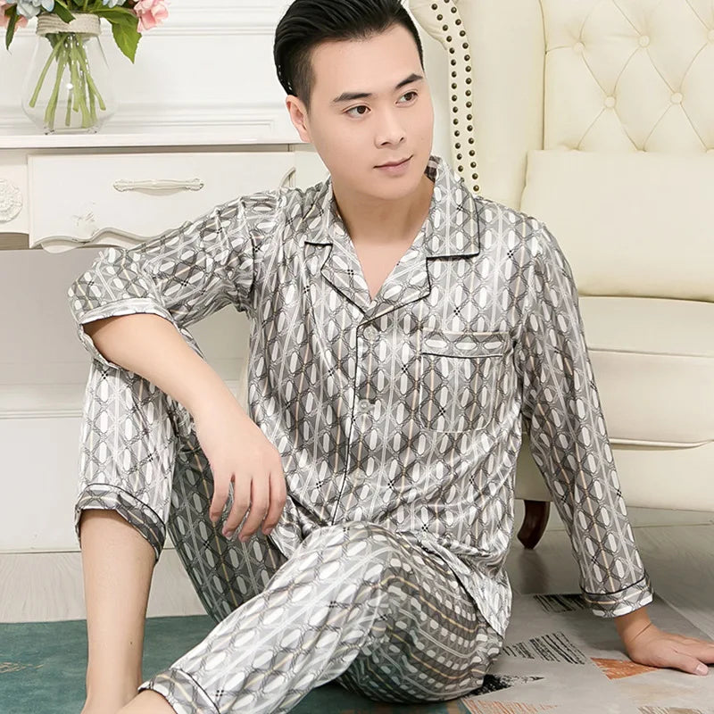 Hochwertiges Pyjama-Set Herren Frühling Herbst Dünn Polyester Eisseide Langarm Schlafanzug Übergröße Sommer Hauskleidung Männlich