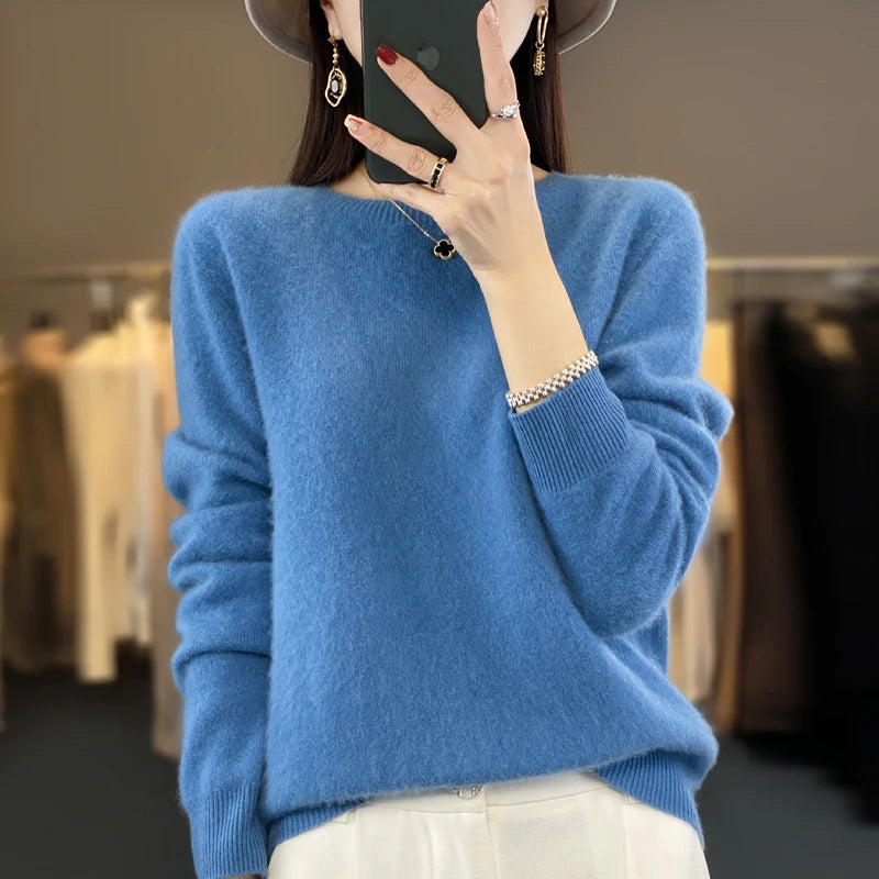 100 % Merinowolle Pullover Damen O-Ausschnitt Kaschmir Strickwaren Female Pullover Herbst Winter Freizeit Oberteile Einfarbig Weiche Kleidung Zweitbild