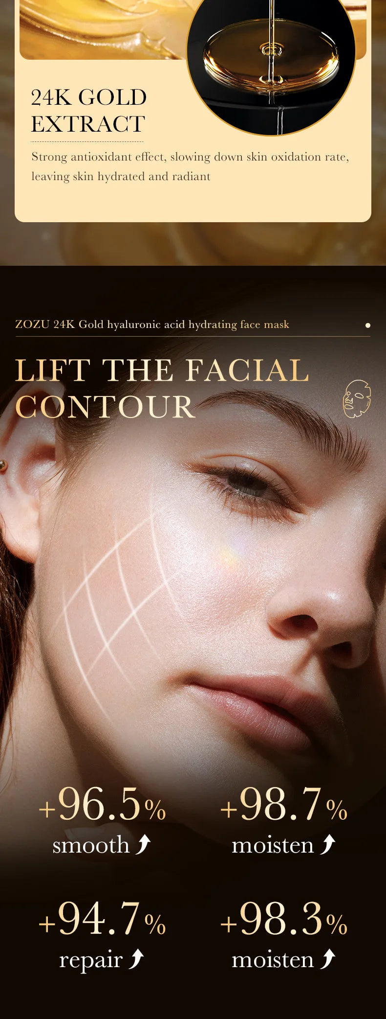 10 Stück 24 Karat Gold Hyaluronsäure Feuchtigkeitsspendende Gesichtsmaske Whitening Maske für Damen Koreanische Hautpflegeprodukte