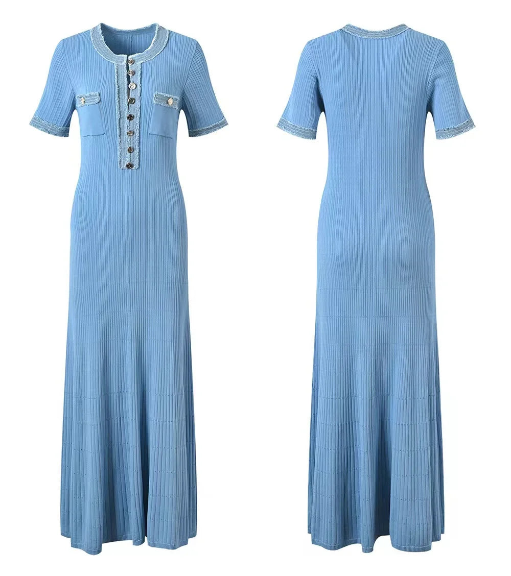Elegantes, kontrastierendes, gestricktes Maxi-Kleid für Damen, schickes O-Ausschnitt-Kurzarmkleid mit Metallknöpfen, figurbetonte Kleider, Büro-Lady-Pendlerrobe