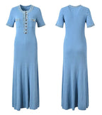 Elegantes, kontrastierendes, gestricktes Maxi-Kleid für Damen, schickes O-Ausschnitt-Kurzarmkleid mit Metallknöpfen, figurbetonte Kleider, Büro-Lady-Pendlerrobe