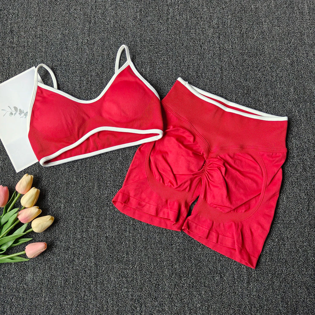 Pfirsich-Po-Yoga-Anzug Damen Gym Nahtloser Träger-BH mit Raffung Hoher Bund Po-Lifting Bauchstraffende Shorts Fitness-Set