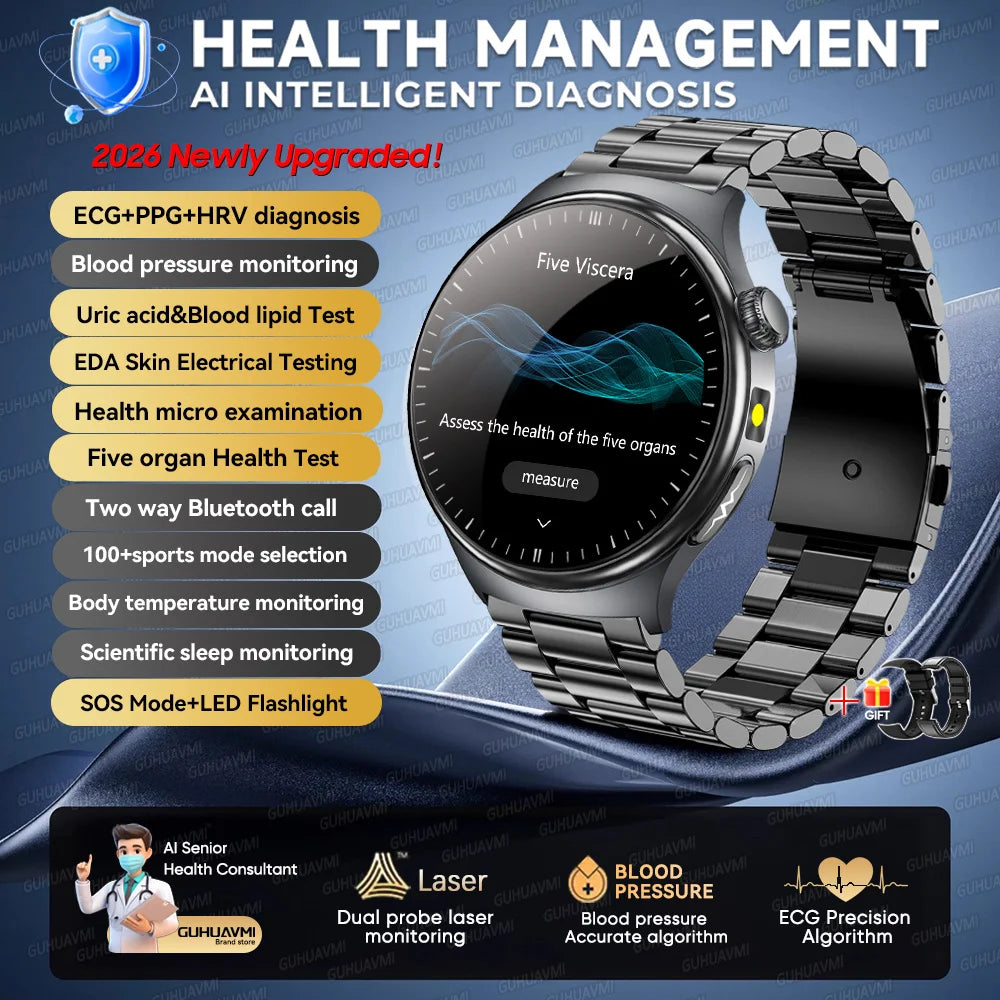 2026 Neue Mikrophysikalische Untersuchung Gesundheits-Smartwatch Herren EKG Harnsäure Lipide Blutdruck BT Anruf Smartwatch Für Android IOS