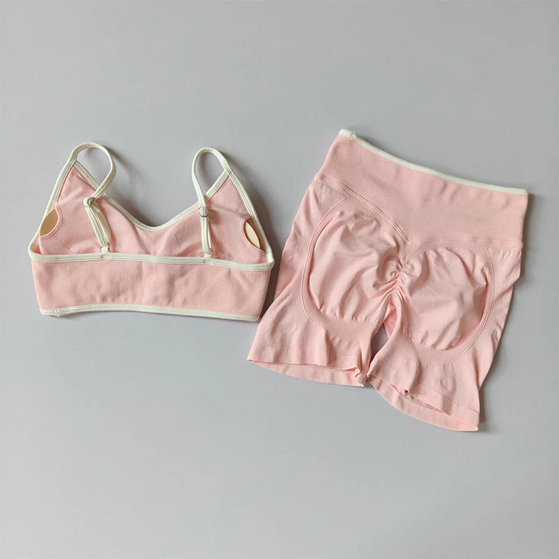 2-TEILIGER Yoga-Anzug Nahtlos mit Brustpolster Enge Sport-BHs und High-Waist-Shorts zum Draußen Tragen, Laufen, Training, Fitness, Yoga-Set