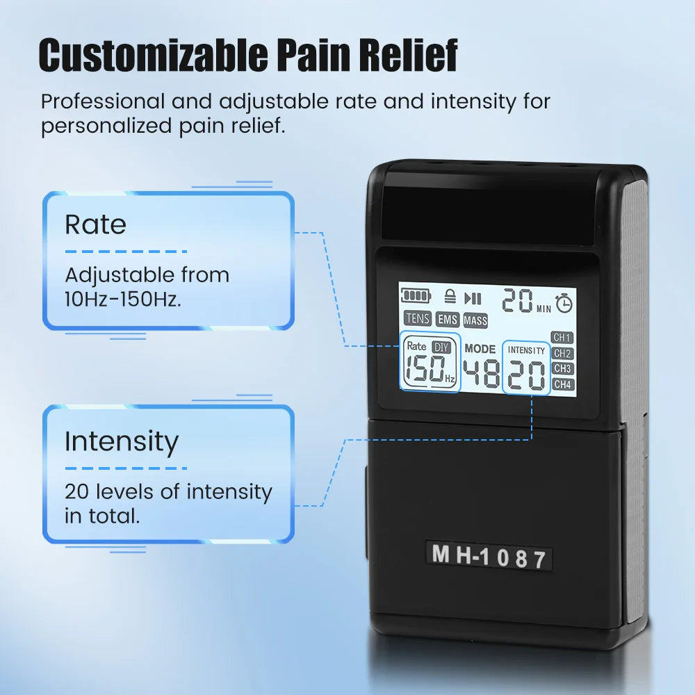 Digital TENS EMS Unit 4-Channel Tens Electrostimulator Rechargeable Muscle Stimulator with 20 Intensity Levels for  Pain Relief