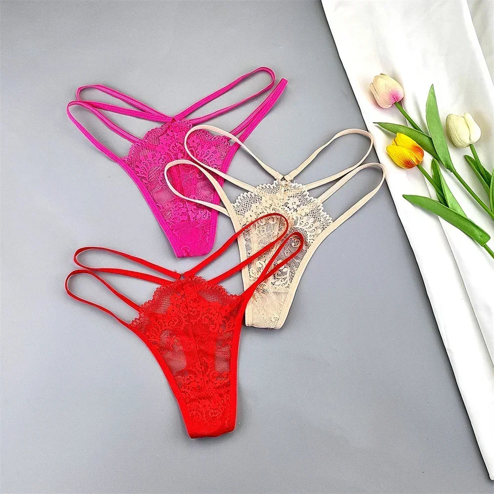 3 Stück Spitze Dünne Träger Tanga Frauen Tiefe Taille Sexy Perspektive Unterwäsche Damen Transparenter G-String Slip Plus Size T-Rücken