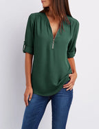 2024 Qualität Heißer Verkauf Plus Size Tiefer V-Ausschnitt Damenbluse Chiffon Coole lockere Hemd Mode Freizeit Damen Tops Sexy Reißverschluss Pullover