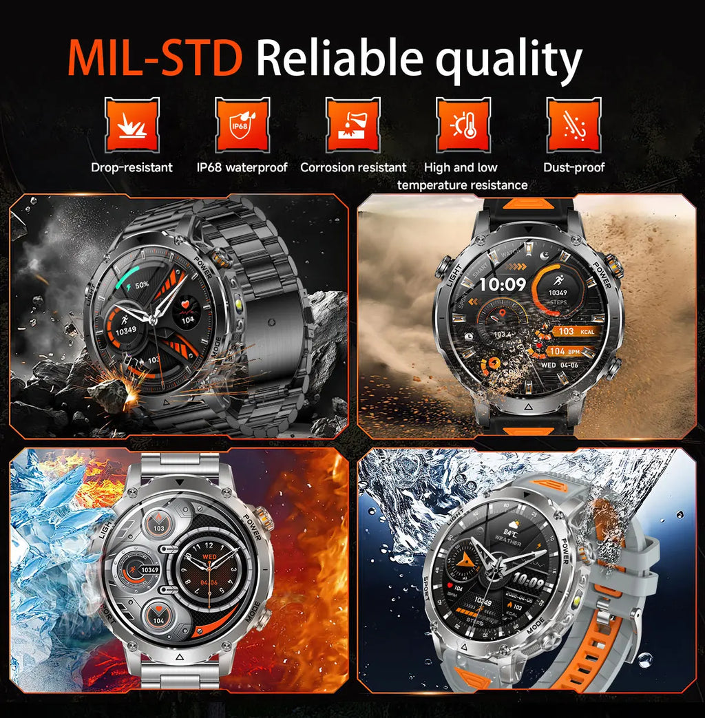 2026 Neue TANK Ultra 1400mAh Akku Militär Smartwatch 10ATM Wasserdicht Herzfrequenz Taktische LED Taschenlampe Herren Sportarmband