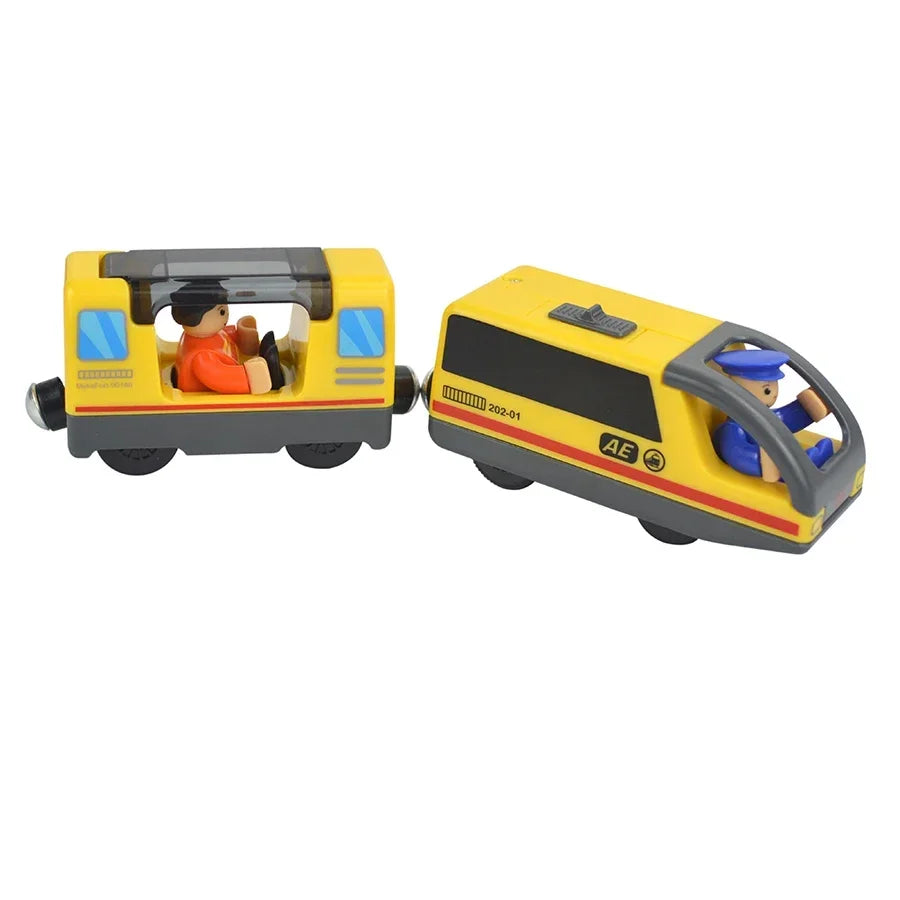 Magnetischer elektrischer Zug Lokomotive Holzeisenbahn Schlitz Diecast Eisenbahn mit zwei Waggons Zug Holz Kinderspielzeug Biro Leduo Strecke