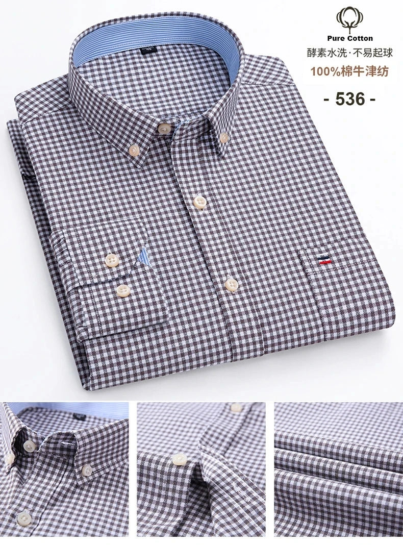 100 % Baumwolle Oxford Herrenhemden Langarm Kariert Weich Regular Fit Festliches Hemd Tasche Sozial Bluse Herrenkleidung S-7XL
