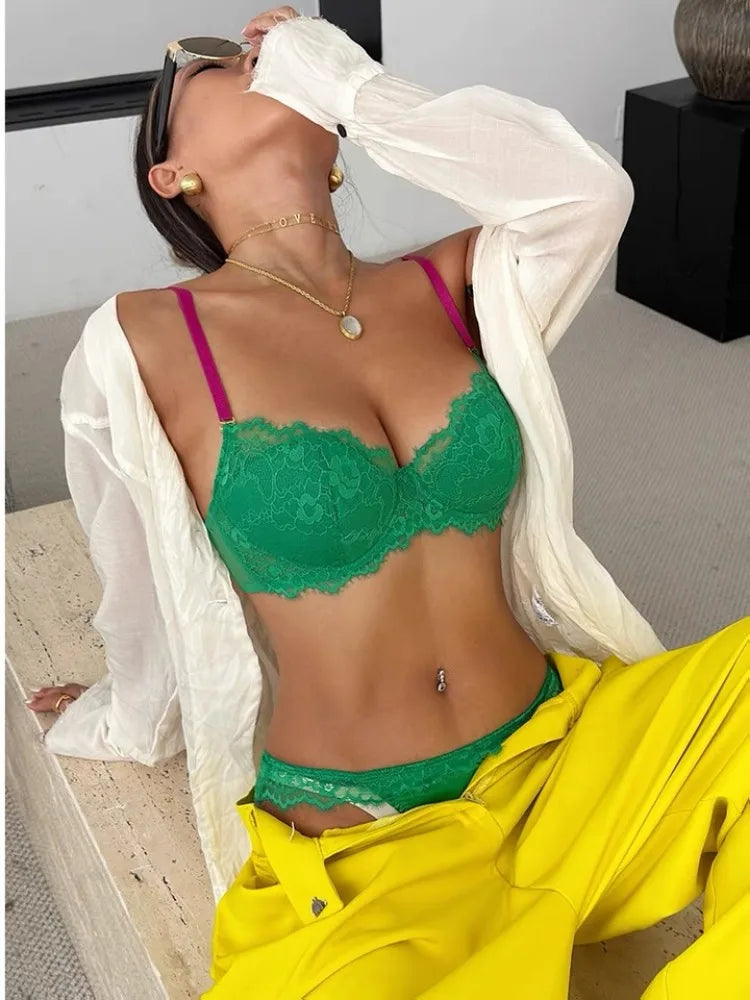 Sexy Spitzen-BH- und Höschen-Set, Minimizer, Anti-Sagging, vollflächig bedeckend, verstellbarer Bügel, große Bruststütze, dünne Seitenstütze, kein Überlaufen