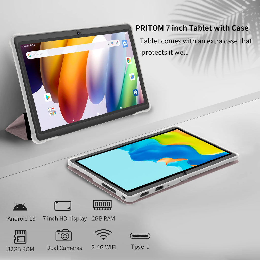 Pritom 7 Zoll Tablet PC, Android 13 Quad-Core, 4 GB (2+2 GB virtuell) RAM 32 GB ROM, WiFi, Dual-Kamera, USB C, mit Ledertasche