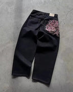 Vintage Low Waist Hip Hop Kirschblüten bestickte Jeans Weite Hose Y2K Kleidung Herren Damen Bestickte Baggy Jeans