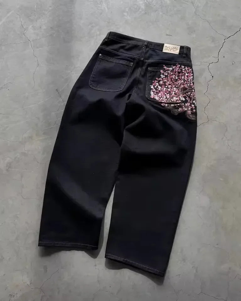 Vintage Low Waist Hip Hop Kirschblüten bestickte Jeans Weite Hose Y2K Kleidung Herren Damen Bestickte Baggy Jeans
